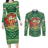 Personalized Carmarthenshire Wales Couples Matching Long Sleeve Bodycon Dress and Long Sleeve Button Shirt Map and Emblem Celtic Style - Wonder Print Shop