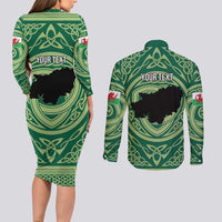 Personalized Carmarthenshire Wales Couples Matching Long Sleeve Bodycon Dress and Long Sleeve Button Shirt Map and Emblem Celtic Style - Wonder Print Shop