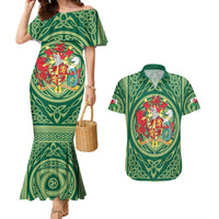 Personalized Carmarthenshire Wales Couples Matching Mermaid Dress and Hawaiian Shirt Map and Emblem Celtic Style - Wonder Print Shop
