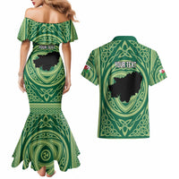 Personalized Carmarthenshire Wales Couples Matching Mermaid Dress and Hawaiian Shirt Map and Emblem Celtic Style - Wonder Print Shop