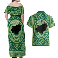 Personalized Carmarthenshire Wales Couples Matching Off Shoulder Maxi Dress and Hawaiian Shirt Map and Emblem Celtic Style - Wonder Print Shop