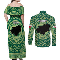 Personalized Carmarthenshire Wales Couples Matching Off Shoulder Maxi Dress and Long Sleeve Button Shirt Map and Emblem Celtic Style - Wonder Print Shop