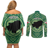 Personalized Carmarthenshire Wales Couples Matching Off Shoulder Short Dress and Long Sleeve Button Shirt Map and Emblem Celtic Style - Wonder Print Shop