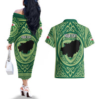 Personalized Carmarthenshire Wales Couples Matching Off The Shoulder Long Sleeve Dress and Hawaiian Shirt Map and Emblem Celtic Style - Wonder Print Shop