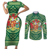 Personalized Carmarthenshire Wales Couples Matching Short Sleeve Bodycon Dress and Long Sleeve Button Shirt Map and Emblem Celtic Style - Wonder Print Shop