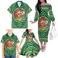 Personalized Carmarthenshire Wales Family Matching Off The Shoulder Long Sleeve Dress and Hawaiian Shirt Map and Emblem Celtic Style - Wonder Print Shop