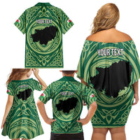 Personalized Carmarthenshire Wales Family Matching Off Shoulder Short Dress and Hawaiian Shirt Map and Emblem Celtic Style - Wonder Print Shop