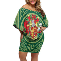 Personalized Carmarthenshire Wales Off Shoulder Short Dress Map and Emblem Celtic Style - Wonder Print Shop