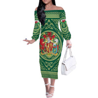 Personalized Carmarthenshire Wales Off The Shoulder Long Sleeve Dress Map and Emblem Celtic Style - Wonder Print Shop