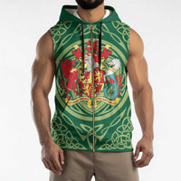 Personalized Carmarthenshire Wales Sleeveless Zip Hoodie Map and Emblem Celtic Style - Wonder Print Shop