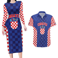 Custom Croatia National Heritage Couples Matching Long Sleeve Bodycon Dress and Hawaiian Shirt Blue Checkered Croatian Pride - Wonder Print Shop