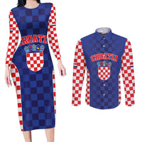 Custom Croatia National Heritage Couples Matching Long Sleeve Bodycon Dress and Long Sleeve Button Shirt Blue Checkered Croatian Pride - Wonder Print Shop