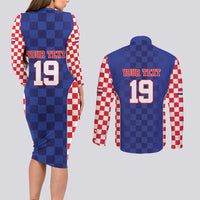 Custom Croatia National Heritage Couples Matching Long Sleeve Bodycon Dress and Long Sleeve Button Shirt Blue Checkered Croatian Pride - Wonder Print Shop