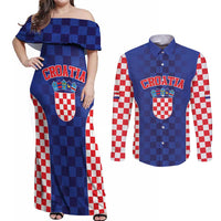 Custom Croatia National Heritage Couples Matching Off Shoulder Maxi Dress and Long Sleeve Button Shirt Blue Checkered Croatian Pride - Wonder Print Shop