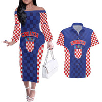 Custom Croatia National Heritage Couples Matching Off The Shoulder Long Sleeve Dress and Hawaiian Shirt Blue Checkered Croatian Pride - Wonder Print Shop