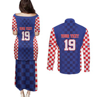 Custom Croatia National Heritage Couples Matching Puletasi and Long Sleeve Button Shirt Blue Checkered Croatian Pride - Wonder Print Shop