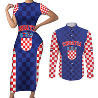 Custom Croatia National Heritage Couples Matching Short Sleeve Bodycon Dress and Long Sleeve Button Shirt Blue Checkered Croatian Pride - Wonder Print Shop