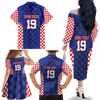 Custom Croatia National Heritage Family Matching Off The Shoulder Long Sleeve Dress and Hawaiian Shirt Blue Checkered Croatian Pride - Wonder Print Shop