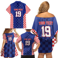 Custom Croatia National Heritage Family Matching Off Shoulder Short Dress and Hawaiian Shirt Blue Checkered Croatian Pride - Wonder Print Shop