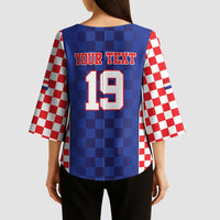 Custom Croatia National Heritage Kimono Sleeve Blouse Blue Checkered Croatian Pride - Wonder Print Shop