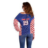 Custom Croatia National Heritage Off Shoulder Sweater Blue Checkered Croatian Pride - Wonder Print Shop