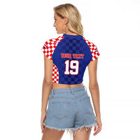 Custom Croatia National Heritage Raglan Cropped T Shirt Blue Checkered Croatian Pride - Wonder Print Shop