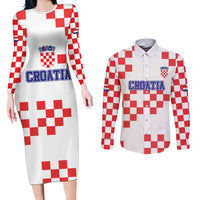 Custom Croatia National Heritage Couples Matching Long Sleeve Bodycon Dress and Long Sleeve Button Shirt Red and White Checkerboard Design - Wonder Print Shop