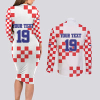 Custom Croatia National Heritage Couples Matching Long Sleeve Bodycon Dress and Long Sleeve Button Shirt Red and White Checkerboard Design - Wonder Print Shop