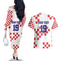 Custom Croatia National Heritage Couples Matching Off The Shoulder Long Sleeve Dress and Hawaiian Shirt Red and White Checkerboard Design - Wonder Print Shop