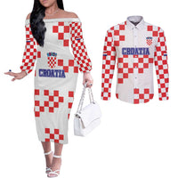 Custom Croatia National Heritage Couples Matching Off The Shoulder Long Sleeve Dress and Long Sleeve Button Shirt Red and White Checkerboard Design - Wonder Print Shop