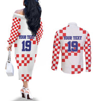 Custom Croatia National Heritage Couples Matching Off The Shoulder Long Sleeve Dress and Long Sleeve Button Shirt Red and White Checkerboard Design - Wonder Print Shop