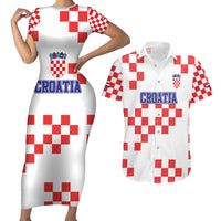Custom Croatia National Heritage Couples Matching Short Sleeve Bodycon Dress and Hawaiian Shirt Red and White Checkerboard Design - Wonder Print Shop