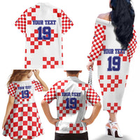 Custom Croatia National Heritage Family Matching Off The Shoulder Long Sleeve Dress and Hawaiian Shirt Red and White Checkerboard Design - Wonder Print Shop