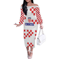 Custom Croatia National Heritage Family Matching Off The Shoulder Long Sleeve Dress and Hawaiian Shirt Red and White Checkerboard Design - Wonder Print Shop