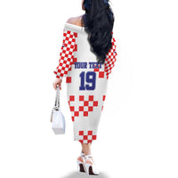 Custom Croatia National Heritage Family Matching Off The Shoulder Long Sleeve Dress and Hawaiian Shirt Red and White Checkerboard Design - Wonder Print Shop