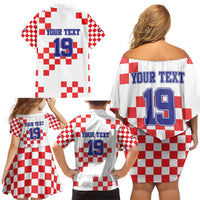 Custom Croatia National Heritage Family Matching Off Shoulder Short Dress and Hawaiian Shirt Red and White Checkerboard Design - Wonder Print Shop