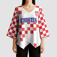 Custom Croatia National Heritage Kimono Sleeve Blouse Red and White Checkerboard Design - Wonder Print Shop