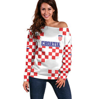 Custom Croatia National Heritage Off Shoulder Sweater Red and White Checkerboard Design - Wonder Print Shop
