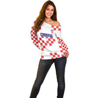 Custom Croatia National Heritage Off Shoulder Sweater Red and White Checkerboard Design - Wonder Print Shop