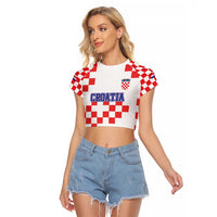 Custom Croatia National Heritage Raglan Cropped T Shirt Red and White Checkerboard Design - Wonder Print Shop