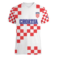 Custom Croatia National Heritage Women V-Neck T-Shirt Red and White Checkerboard Design - Wonder Print Shop