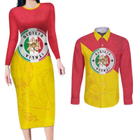 Italy Sicilia Couples Matching Long Sleeve Bodycon Dress and Long Sleeve Button Shirt Triskeles With Lemons - Wonder Print Shop