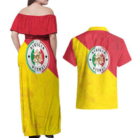 Italy Sicilia Couples Matching Off Shoulder Maxi Dress and Hawaiian Shirt Triskeles With Lemons - Wonder Print Shop