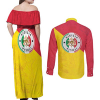 Italy Sicilia Couples Matching Off Shoulder Maxi Dress and Long Sleeve Button Shirt Triskeles With Lemons - Wonder Print Shop