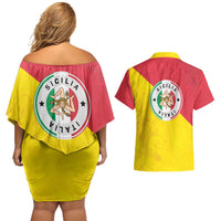 Italy Sicilia Couples Matching Off Shoulder Short Dress and Hawaiian Shirt Triskeles With Lemons - Wonder Print Shop