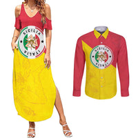 Italy Sicilia Couples Matching Summer Maxi Dress and Long Sleeve Button Shirt Triskeles With Lemons - Wonder Print Shop