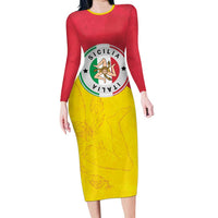 Italy Sicilia Family Matching Long Sleeve Bodycon Dress and Hawaiian Shirt Triskeles With Lemons - Wonder Print Shop