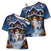 Halloween Christmas Cross Shoulder Shirt Funny Ghost Santa Christmas