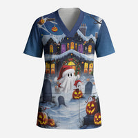 Halloween Christmas Scrub Top Funny Ghost Santa Christmas