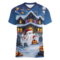 Halloween Christmas Women V-Neck T-Shirt Funny Ghost Santa Christmas